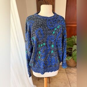 Vintage Santana Ltd Abstract Sweater Blue Gray 80s Retro Made in Korea